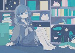 Rule 34 | 1girl, awaya yawako, bandaid, bandaid on knee, bandaid on leg, blue eyes, book, bookshelf, closed mouth, commentary request, dot mouth, dot nose, expressionless, flower, full body, highres, long hair, long sleeves, miniskirt, neckerchief, no shoes, on flower, original, pleated skirt, sailor collar, school uniform, shirt, sitting, skirt, socks, solo, star (symbol), tearing up, tears, white socks