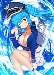 Rule 34 | 1girl, bad id, bad pixiv id, blue hair, blush, breasts, cleavage, covered erect nipples, hat, large breasts, long hair, looking at viewer, luthica preventer, midriff, one eye closed, ratio (ratio-d), red eyes, shiny skin, smile, solo, sword, sword girls, twintails, weapon