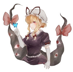 Rule 34 | 1girl, blonde hair, blue butterfly, bow, bug, butterfly, commentary, dress, dress bow, elbow gloves, frilled sleeves, frills, gap (touhou), gloves, hair bow, hair over one eye, hat, hat ribbon, insect, koto (shiberia39), looking at viewer, mob cap, neck ribbon, one eye covered, puffy sleeves, purple dress, purple eyes, red bow, red ribbon, ribbon, short hair with long locks, sidelocks, simple background, solo, touhou, twitter username, upper body, white background, white gloves, white hat, yakumo yukari