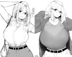 Rule 34 | 1girl, before and after, breasts, clothes, curvy, glasses, growth, highres, huge breasts, inne sulistya robin, large breasts, norman maggot, original, see-through, simple background, third-party edit, weight gain, white background