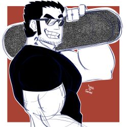 Rule 34 | 1boy, absurdres, bara, beard stubble, black hair, carrying over shoulder, facial hair, from side, greyscale with colored background, grin, highres, holding, holding skateboard, huge eyebrows, large pectorals, looking at viewer, lucas lee, male focus, msempai97, muscular, muscular male, neck tattoo, pectorals, raised eyebrow, scott pilgrim (series), scott pilgrim takes off, shirt, short hair, short sleeves, skateboard, sketch, smile, solo, stubble, sunglasses, t-shirt, tattoo, tight clothes, tight shirt, two-tone background, upper body