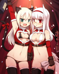 Rule 34 | 3girls, alternate costume, animal ears, blonde hair, blush, breasts, brown gloves, christmas, clothing cutout, covered erect nipples, fang, glasses, gloves, green eyes, heart, heart cutout, heidimarie w. schnaufer, heinrike prinzessin zu sayn-wittgenstein, helmina lent, long hair, lowleg, lowleg panties, medium breasts, multiple girls, navel, null (nyanpyoun), panties, panty pull, red eyes, ribbon, sack, santa costume, small breasts, strike witches, tail, tail ornament, tail ribbon, thighhighs, underwear, white hair, world witches series