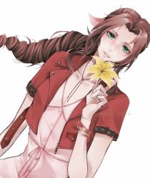 Rule 34 | 1girl, aerith gainsborough, bangle, bracelet, braid, braided ponytail, breasts, brown hair, choker, cleavage, collarbone, cowboy shot, cropped jacket, dress, final fantasy, final fantasy vii, final fantasy vii remake, flower, flower choker, green eyes, hair ribbon, highres, holding, holding flower, jacket, jewelry, light blush, lily (flower), long hair, looking at viewer, medium breasts, pao fu226, parted bangs, parted lips, pink dress, pink ribbon, red jacket, ribbon, short sleeves, sidelocks, smile, solo, square enix, wavy hair, white background, yellow flower