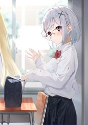 Rule 34 | 2girls, absurdres, bag, black skirt, blonde hair, blush, borumete, bow, bowtie, chair, chromatic aberration, classroom, closed mouth, collared shirt, commentary request, desk, from side, glasses, grey eyes, grey hair, hair ornament, hairpin, hand up, highres, holding, holding bag, indoors, long hair, long sleeves, looking at viewer, multiple girls, original, out of frame, over-rim eyewear, pleated skirt, red-framed eyewear, red bow, red bowtie, school bag, school chair, school desk, semi-rimless eyewear, shirt, shirt tucked in, short hair, skirt, smile, waving, white shirt, window