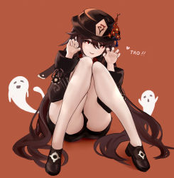 Rule 34 | 1girl, absurdres, amamizu shizuku, bare legs, black hat, black shorts, brown hair, closed eyes, full body, genshin impact, ghost, half-closed eyes, hat, heart, high heels, highres, hu tao (genshin impact), long sleeves, looking at viewer, open mouth, red background, red eyes, short shorts, shorts, simple background, sitting, smile, solo, symbol-shaped pupils