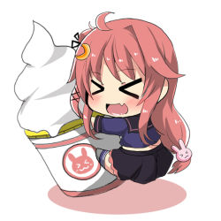 Rule 34 | &gt; &lt;, 1girl, :d, ahoge, black sailor collar, black skirt, blue shirt, blue thighhighs, blush, chibi, closed eyes, colored shadow, commentary request, crescent, crescent hair ornament, face, food, full body, grey footwear, hair ornament, ice cream, kantai collection, long hair, long sleeves, low-tied long hair, hugging object, open mouth, oshiruko (uminekotei), pleated skirt, rabbit hair ornament, red hair, sailor collar, shadow, shirt, skirt, smile, soft serve, solo, thighhighs, uzuki (kancolle), very long hair, white background, xd