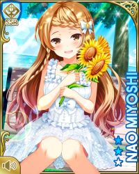 Rule 34 | 1girl,  white bow, bow, braid, brown eyes, brown hair, card (medium), collarbone, day, dress, flower, girlfriend (kari), hair bow, long hair, looking at viewer, matching hair/eyes, miyoshi nao, nechlace, official art, outdoors, qp:flapper, sitting, smile, solo, sunflower, tagme, white dress