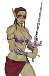 Rule 34 | 1girl, abs, baldur&#039;s gate, baldur&#039;s gate 3, bikini, bracer, breasts, brown hair, colored skin, commentary, dungeons &amp; dragons, english commentary, freckles, gith, green skin, highres, holding, holding sword, holding weapon, lae&#039;zel, long hair, medium breasts, muscular, muscular female, orange eyes, pointy ears, skirt, solo, swimsuit, sword, weapon, white background, ykshelter