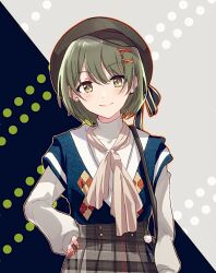 Rule 34 | 1girl, anaroguya, argyle clothes, argyle vest, bag, black hat, blue background, blue vest, blush, closed mouth, covered collarbone, dot nose, earrings, green eyes, green hair, grey background, grey skirt, hair ornament, hairclip, hand on own hip, hat, highres, idolmaster, idolmaster shiny colors, jewelry, long sleeves, looking at viewer, nanakusa nichika, neckerchief, plaid, plaid skirt, pleated skirt, polka dot, polka dot background, red nails, shirt, short hair, shoulder bag, skirt, smile, solo, two-tone background, upper body, vest, white neckerchief, white shirt
