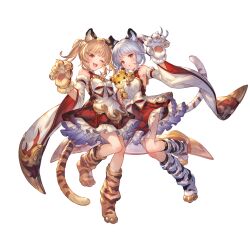 Rule 34 | 2girls, ;d, alpha transparency, animal ears, animal hands, animal print, bai (granblue fantasy), bare shoulders, blonde hair, blush, detached sleeves, dress, erune, frilled dress, frills, full body, gloves, granblue fantasy, grey hair, huang (granblue fantasy), laolao (granblue fantasy), looking at viewer, minaba hideo, multiple girls, official art, one eye closed, open mouth, paw gloves, paw shoes, siblings, simple background, sisters, smile, tail, tiger ears, tiger girl, tiger paws, tiger print, tiger stripes, tiger tail, transparent background, twins, twintails
