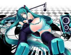 Rule 34 | 1girl, aqua eyes, aqua hair, ass, bad id, bad pixiv id, boots, cameltoe, circular keyboard, detached sleeves, gisyo, hatsune miku, headset, instrument, keyboard (instrument), long hair, lying, microphone, microphone stand, necktie, panties, piano keys, pleated skirt, skirt, solo, striped clothes, striped panties, thigh boots, thighhighs, twintails, underwear, very long hair, vocaloid