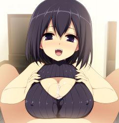Rule 34 | 1boy, 1girl, :d, black hair, breasts squeezed together, breasts, cleavage cutout, clothing cutout, covered erect nipples, cum, cum on body, cum on breasts, cum on upper body, ejaculation, fangs, hair between eyes, hetero, highres, indoors, kinoshita ichi, large breasts, looking at viewer, non-web source, open mouth, original, paizuri, paizuri under clothes, pov, purple eyes, ribbed sweater, smile, sweater