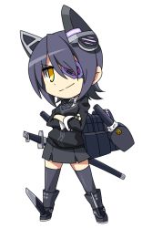 Rule 34 | 10s, 1girl, chibi, crossed arms, eyepatch, fingerless gloves, full body, gloves, headgear, kantai collection, machinery, personification, purple hair, short hair, solo, sword, takeya yuuki, tenryuu (kancolle), thighhighs, transparent background, turret, weapon, yellow eyes