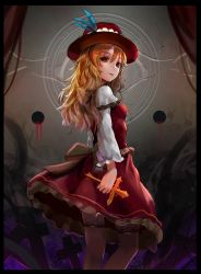 Rule 34 | 1girl, absurdres, blonde hair, border, colorized, cross, dikko, dolls in pseudo paradise, dress, extra, hat, highres, jacket girl (dipp), long hair, long sleeves, looking at viewer, looking back, red dress, red eyes, revision, ribbon, sash, sketch, smile, solo, thighhighs, tongue, tongue out, touhou