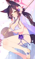 Rule 34 | 1girl, absurdres, animal ear fluff, animal ears, arm under breasts, bare arms, bare legs, bikini, black hair, blue archive, blush, breasts, brown eyes, cleavage, closed mouth, flower, fox ears, fox girl, fox tail, hair flower, hair ornament, halo, highres, holding, large breasts, long hair, looking at viewer, meunhongcha, petals, pink flower, sandals, side-tie bikini bottom, sitting, skindentation, smile, solo, string bikini, swimsuit, tail, thighs, umbrella, wakamo (blue archive), wakamo (swimsuit) (blue archive), white bikini