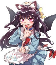 Rule 34 | 1girl, animal ear fluff, animal ears, blue dress, blue neckwear, blunt bangs, blush, character request, collar, copyright request, double v, dress, fangs, fish hair ornament, fukumaaya, hair ornament, hairclip, hat, heart, heart-shaped pupils, long hair, long sleeves, looking at viewer, open mouth, pink eyes, purple hair, simple background, solo, symbol-shaped pupils, tail, teeth, tongue, tongue out, upper body, v, virtual youtuber, white background, white hat, wings
