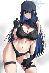 1girl absurdres bare_shoulders baseball_cap black_bra black_gloves black_hair black_hat black_panties black_shirt blue_archive blue_eyes blue_hair blue_halo blush bra breasts cleavage clothes_lift commentary_request contrapposto earrings gloves halo hat highres holding jewelry lace lace_bra lace_panties large_breasts long_hair looking_at_viewer navel nuo_(fttv3255) panties saori_(blue_archive) shirt shirt_lift simple_background skindentation solo stomach thigh_strap thighs underwear white_background