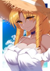 Rule 34 | 1girl, blonde hair, blue choker, blue sky, blush, border, breasts, choker, cleavage, cloud, coyomin, dress, drill hair, fate (series), hat, highres, large breasts, luviagelita edelfelt, outside border, see-through, see-through dress, sky, solo, spaghetti strap, strap gap, straw hat, sundress, twin drills, upper body, white border, yellow eyes