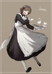 Rule 34 | 10s, 1girl, alternate costume, apron, artist name, black footwear, blue eyes, brown hair, cup, dress, enmaided, hairband, hiei (kancolle), kantai collection, lansane, light brown background, long sleeves, maid, maid apron, maid headdress, open mouth, pantyhose, puffy long sleeves, puffy sleeves, saucer, shoes, short hair, solo, tea set, teacup, teapot, tray, white pantyhose