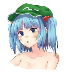 Rule 34 | 1girl, blue eyes, blue hair, blush, breasts, cabbie hat, collarbone, commentary request, cropped shoulders, dirty, dirty face, green hat, hair bobbles, hair ornament, hat, highres, kawashiro nitori, medium breasts, miyo (ranthath), nude, parted lips, portrait, short hair, sidelocks, simple background, solo, touhou, two side up, white background