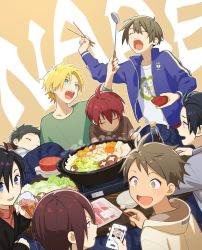 Rule 34 | 6+boys, text background, black hair, blonde hair, bottle, brown hair, cellphone, chopsticks, closed eyes, closed mouth, cup, eating, food, hair between eyes, highres, holding, holding chopsticks, hood, hood down, jacket, kotatsu, ladle, meat, multiple boys, nabe, open clothes, open jacket, open mouth, original, phone, pillow (nutsfool), pot, red hair, shirt, simple background, spiked hair, sweat, table
