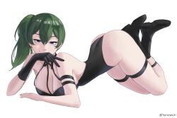 Rule 34 | 1girl, absurdres, all fours, ass, black gloves, boots, breasts, cleavage, closed mouth, elbow rest, full body, gloves, green hair, high side ponytail, highres, hynowori, large breasts, looking at viewer, purple eyes, simple background, single glove, smile, sousou no frieren, thigh strap, top-down bottom-up, ubel (sousou no frieren), white background