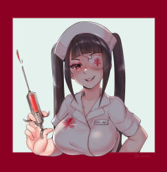 Rule 34 | 1girl, alternate hair length, alternate hairstyle, black hair, blunt bangs, blush, border, breasts, chamame, character name, commentary request, eyepatch, fourth wall, han juri, hat, highres, holding, holding syringe, large breasts, lips, long hair, looking at viewer, name tag, nurse, nurse cap, official alternate costume, one-eyed, outside border, purple eyes, red border, solo, street fighter, street fighter v, syringe, teeth, twintails, upper teeth only, white background