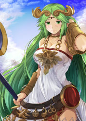 Rule 34 | 1girl, arm up, bare shoulders, blue sky, blush, bracelet, bracer, breasts, circlet, cleavage, closed mouth, collarbone, day, dress, fingernails, green eyes, green hair, highres, holding, holding staff, jewelry, kanzaki kureha, kid icarus, large breasts, long hair, looking at viewer, necklace, nintendo, palutena, pendant, side slit, sky, smile, solo, staff, strapless, strapless dress, super smash bros., thighhighs, tiara, very long hair, white dress