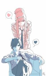 Rule 34 | 10s, 1boy, 1girl, couple, darling in the franxx, flat color, hair over one eye, highres, hiro (darling in the franxx), horns, kjlbs, crossed legs, long hair, necktie, oni horns, open clothes, open shirt, pink hair, scar, shirt, short hair, sitting, zero two (darling in the franxx)