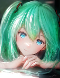 Rule 34 | 1girl, blue eyes, blurry, bow, commentary, green hair, hair between eyes, hair bow, hair ribbon, hatsune miku, head tilt, highres, looking at viewer, nail polish, ojay tkym, portrait, ribbon, signature, smile, solo, symbol-only commentary, twintails, vocaloid