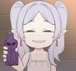 Rule 34 | 1girl, anya&#039;s heh face (meme), blush, bottle, bow (bhp), earrings, elf, frieren, grey hair, holding, holding bottle, jewelry, looking at viewer, medium hair, meme, pointy ears, smile, solo, sousou no frieren, spy x family, tanezaki atsumi, twintails, upper body, voice actor connection