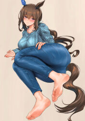 Rule 34 | 1girl, admire vega (umamusume), animal ears, argyle, argyle clothes, argyle sweater, ass, barefoot, blue sweater, blush, bow, breasts, brown hair, cable knit, closed mouth, collarbone, denim, ear covers, ear ornament, feet, furrowed brow, hair between eyes, hair bow, hakase yurisuki, hand on own thigh, highres, horse ears, horse girl, horse tail, jewelry, large breasts, long hair, looking at viewer, low ponytail, lying, on side, pendant, single ear cover, soles, solo, sweater, tail, toenails, toes, umamusume
