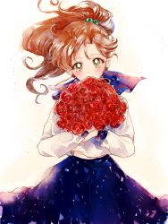 Rule 34 | 1girl, ahma, bishoujo senshi sailor moon, blouse, blue skirt, blush, bouquet, brown hair, covered mouth, cowboy shot, earrings, flower, flower over mouth, green eyes, hair bobbles, hair ornament, highres, holding, holding flower, jewelry, juuban high school uniform, kino makoto, long hair, long sleeves, looking at viewer, naegi makoto, ponytail, red flower, red rose, rose, school uniform, serafuku, shirt, skirt, solo, stitches, white shirt