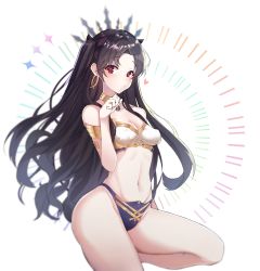 Rule 34 | 1girl, bad id, bad pixiv id, bare legs, bare shoulders, black hair, black ribbon, blurry, blurry background, breasts, cleavage, closed mouth, commentary request, depth of field, fate/grand order, fate (series), forehead, groin, hair ribbon, hand up, heart, highres, ishtar (fate), long hair, looking at viewer, meow nyang, navel, parted bangs, red eyes, revealing clothes, ribbon, small breasts, solo, tiara, two side up, very long hair, white background