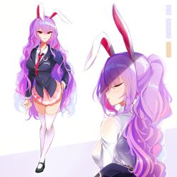Rule 34 | 1girl, alternate hairstyle, black footwear, blazer, closed eyes, collared shirt, commentary, crescent print, highres, jacket, kaliningradg, long hair, long sleeves, multiple views, necktie, pink skirt, ponytail, purple hair, red eyes, red necktie, reisen udongein inaba, shirt, simple background, skirt, solo, standing, symbol-only commentary, thighhighs, touhou, wavy hair, white background, white shirt, white thighhighs