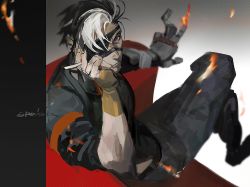 Rule 34 | 1boy, arm support, black hair, cigarette, crossed legs, eyepatch, fingerless gloves, fire, fire, girls&#039; frontline, girls&#039; frontline neural cloud, gloves, holding, holding cigarette, lighter, looking at viewer, male focus, mechanical arms, pants, python (neural cloud), redsakaone, scar, scar on face, short hair, short sleeves, single mechanical arm, sitting, solo, white hair