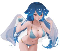Rule 34 | 1girl, :d, absurdres, bao (vtuber), bikini, blue bikini, blue hair, breasts, cleavage, commission, flower, gwan-e, hair flower, hair ornament, highres, indie virtual youtuber, jewelry, large breasts, leaning forward, long hair, navel, open mouth, pendant, red eyes, scrunchie, see-through shawl, shawl, smile, solo, stomach, swimsuit, thighs, transparent background, very long hair, virtual youtuber, whale girl, wrist scrunchie