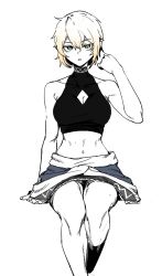 Rule 34 | 1641 (chfhrtor94), 1girl, bare shoulders, black shirt, blonde hair, cleavage cutout, clothes around waist, clothing cutout, crop top, feet out of frame, green eyes, hand up, highres, invisible chair, looking at viewer, midriff, mizuhashi parsee, parted lips, partially colored, shirt, shirt around waist, short hair, simple background, sitting, sleeveless, sleeveless shirt, solo, toned, touhou, v-shaped eyebrows, white background