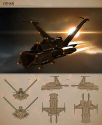 Rule 34 | 3d, absurdres, advanced ship (eve online), battlecruiser (eve online), blueprint (medium), brown theme, character sheet, commentary, concept art, eve online, feenposhleen, flying, from side, glowing, highres, military vehicle, minmatar republic (eve online), multiple views, no humans, original, outdoors, science fiction, sky, solar panel, space, spacecraft, spaceship, star (sky), starry sky, thrusters, vehicle focus