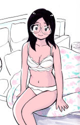 Rule 34 | 1girl, aragon honnin, bad id, bad tumblr id, bed, black hair, bra, feet out of frame, glasses, limited palette, long hair, looking at viewer, navel, on bed, original, panties, pillow, sitting, smile, solo, underwear, underwear only, white bra, white panties
