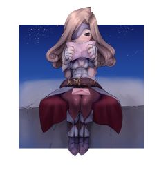 Rule 34 | 1girl, 3:, absurdres, beatrix (ff9), belt, blush, breasts, brown belt, brown eyes, brown pantyhose, cleavage, closed mouth, colored eyepatch, curly hair, envelope, eyepatch, final fantasy, final fantasy ix, fingerless gloves, furrowed brow, gloves, hair intakes, hands up, heart, highres, holding, holding letter, letter, light brown hair, long hair, love letter, medium breasts, nose blush, pantyhose, puchiman, reading, sitting, solo, star (sky), white gloves