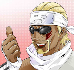 Rule 34 | 1boy, beard, blonde hair, dark-skinned male, dark skin, facial hair, facial mark, facial tattoo, forehead protector, killer bee, male focus, melo (8melo8), naruto (series), naruto shippuuden, open mouth, pink background, portrait, simple background, solo, sunglasses, tattoo