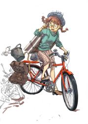 Rule 34 | 1girl, absurdres, adjusting eyewear, beret, bicycle, blue hat, braid, brown eyes, brown hair, bucket, canvas (object), full body, glasses, green sweater, hand up, hat, highres, kariya (kry aia), long hair, open mouth, original, paint roller, paint tube, paintbrush, partially colored, pink skirt, riding, riding bicycle, simple background, skirt, solo, spilling, sweater, twin braids, twintails, white background