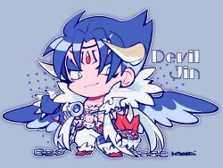 Rule 34 | 1boy, blue background, blue hair, blue wings, chain, character name, chest tattoo, chibi, claws, closed mouth, collarbone, devil jin, forehead jewel, full body, gloves, grey horns, horns, kazama jin, kotorai, male focus, no nose, outline, pants, red gloves, signature, smile, solo, standing, studded gloves, tattoo, tekken, thick eyebrows, v-shaped eyebrows, white outline, white pants, wings, yellow eyes