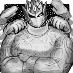 Rule 34 | 1boy, bara, black background, border, commentary, crossed arms, dekaidonguri, earrings, extra hands, eyes in shadow, greyscale, helmet, highres, jewelry, large pectorals, looking at viewer, male focus, monochrome, muscular, muscular male, outside border, pectorals, polka dot, polka dot background, shiva (housamo), solo, sweater, symbol-only commentary, tokyo houkago summoners, turtleneck, turtleneck sweater, upper body, veins, veiny hands, white border