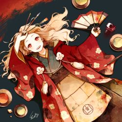Rule 34 | 1girl, akagi shun, blonde hair, calligraphy brush, folding fan, from above, hand fan, holding, holding fan, ink, japanese clothes, kimono, long hair, long sleeves, looking at viewer, looking up, lying, on back, original, paintbrush, parted lips, plate, red eyes, sash, smile, solo, wide sleeves