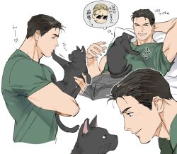 Rule 34 | 1boy, albert wesker, animal, bara, bed, black cat, black hair, cat, chris redfield, closed eyes, grey pants, holding, holding animal, holding cat, large pectorals, lying, male focus, muscular, muscular male, on back, on bed, pants, pectorals, resident evil, resident evil 1, short hair, simple background, smile, tatsumi (psmhbpiuczn), translation request, white background