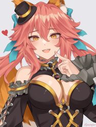 Rule 34 | 1girl, animal ear fluff, animal ears, bare shoulders, black dress, black hat, blue bow, blush, bow, breasts, cleavage, cleavage cutout, clothing cutout, dress, fate/extra, fate/extra ccc, fate (series), fox ears, fox girl, fox tail, frills, hair between eyes, hair bow, hat, highres, index finger raised, large breasts, long hair, long sleeves, looking at viewer, mini hat, o-ring, official alternate costume, open mouth, pink hair, ranemiar, shoulder cutout, sidelocks, smile, solo, tail, tamamo (fate), tamamo no mae (fate/extra), tamamo no mae (sable mage) (fate), top hat, twintails, yellow eyes