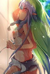 Rule 34 | 1girl, ameth (princess connect!), aono (f i s), ass, bad id, bad pixiv id, blurry, blurry background, blush, breasts, clothes pull, depth of field, eyes visible through hair, from side, green hair, highres, long hair, medium breasts, multicolored hair, nipples, one-piece swimsuit, one-piece swimsuit pull, open mouth, pointy ears, princess connect!, profile, purple hair, school swimsuit, showering, solo, swimsuit, tan, tanline, topless, two-tone hair, very long hair, water, wet, white one-piece swimsuit