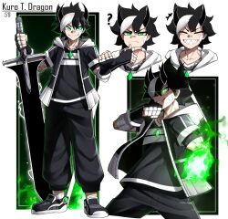 Rule 34 | 1boy, absurdres, bandaid, bandaid on cheek, bandaid on face, black hair, black hoodie, chain necklace, character name, character sheet, commentary, crystal, english commentary, fingerless gloves, fire, gloves, glowing, glowing eye, green eyes, green fire, grin, hand on own chin, highres, holding, holding sword, holding weapon, hood, hoodie, huge weapon, jewelry, kuro t. dragon, male focus, multicolored hair, necklace, original, rageman709, sharp teeth, smile, sword, teeth, toned, toned male, two-tone hair, v-shaped eyebrows, weapon, white hair